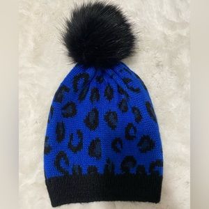 Blue Cheetah print pom pom hat